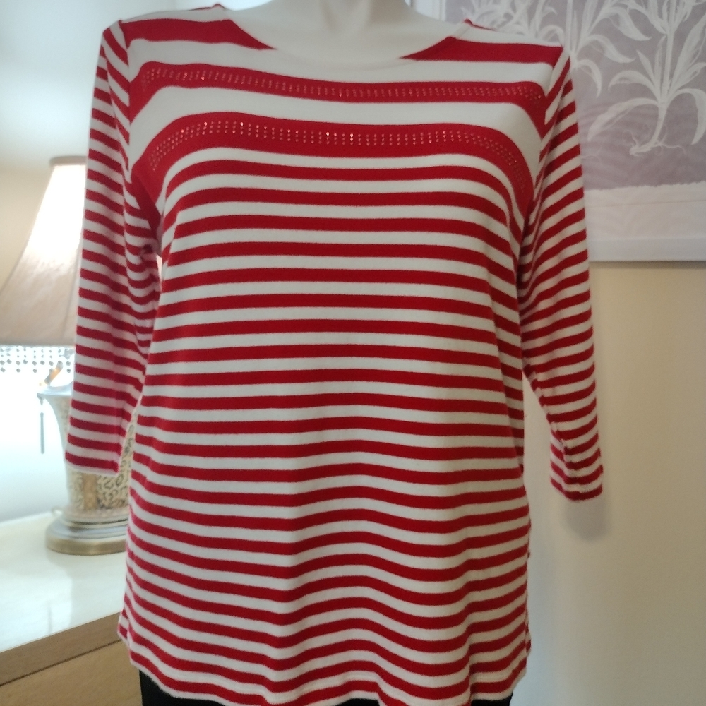 CJ Banks 1X Red White Striped Dazzled Nautical Boat neck 3/4 Sleeve Knit - Picture 3 of 11